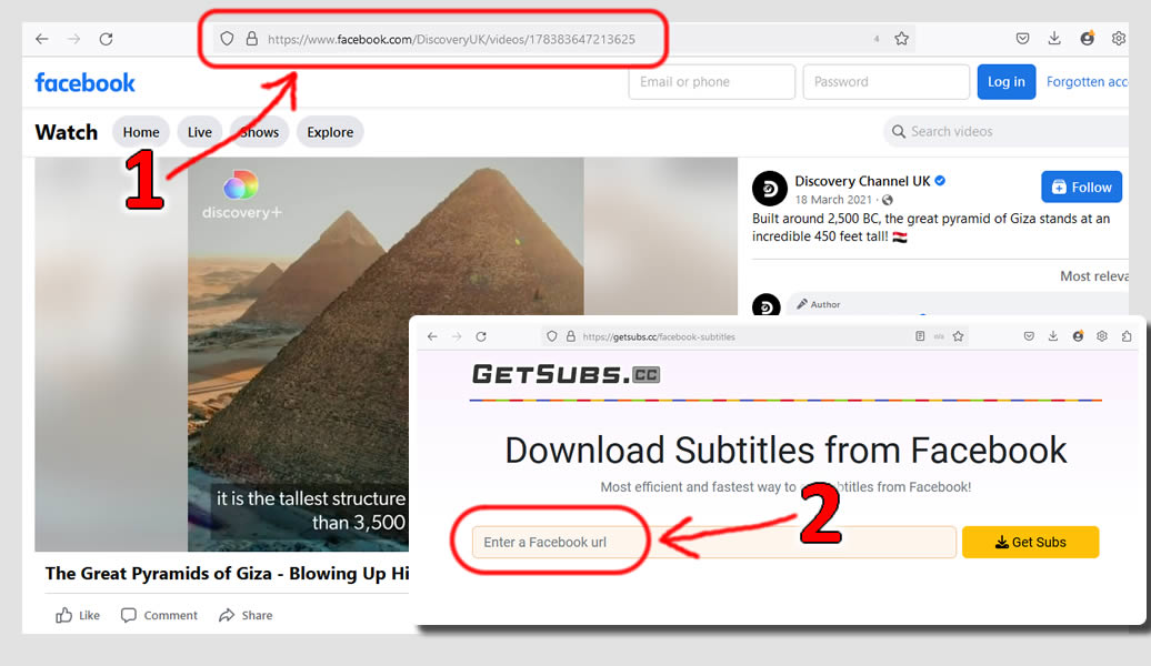 Screenshots of the tutorial for how to download facebook subtitles