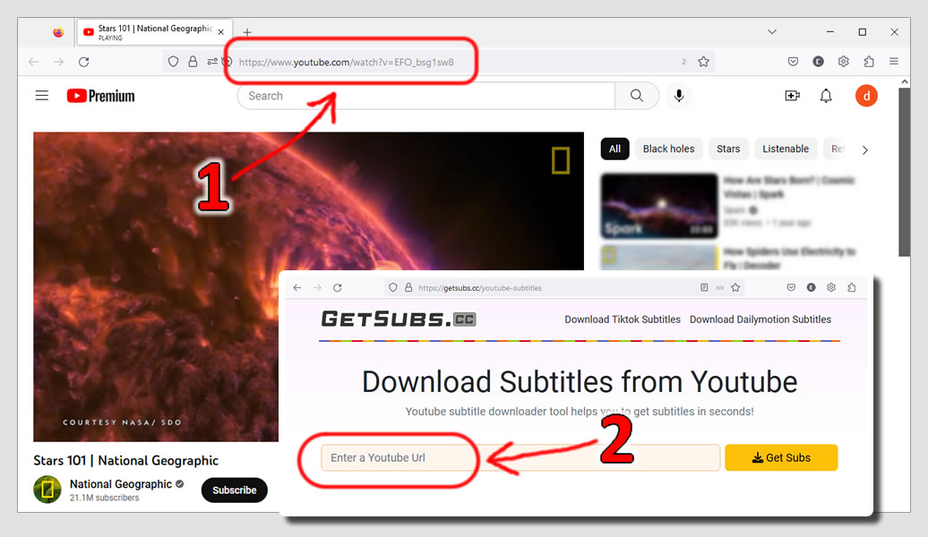 Screenshots of the tutorial for how to download subtitles