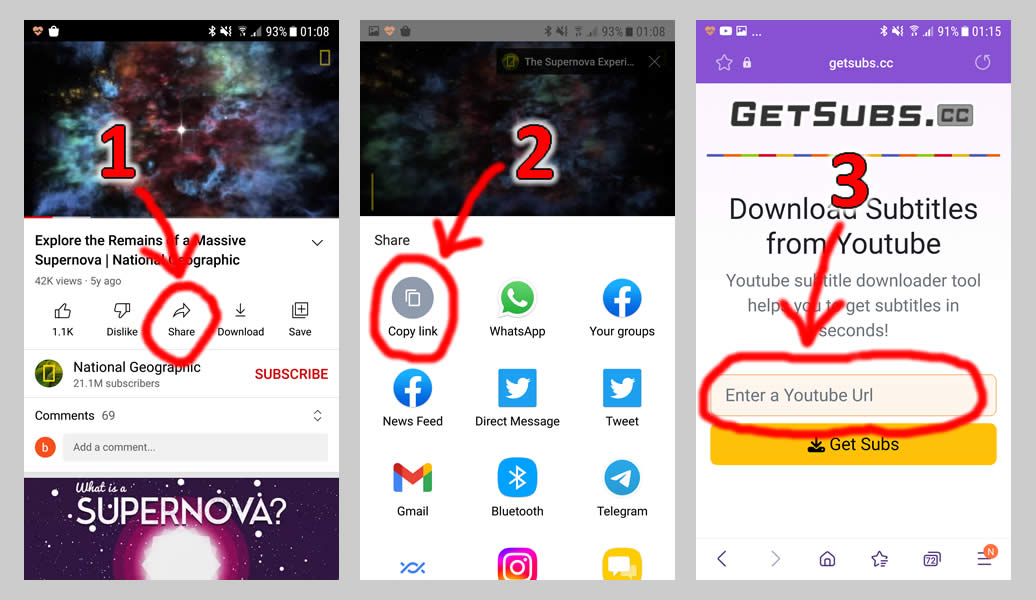 Screenshots showing how to download subtitles to your mobile device